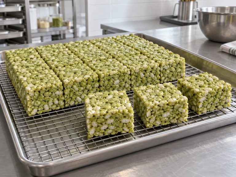 Cut matcha puffed rice cereal squares cooling on a stainless bakery rack