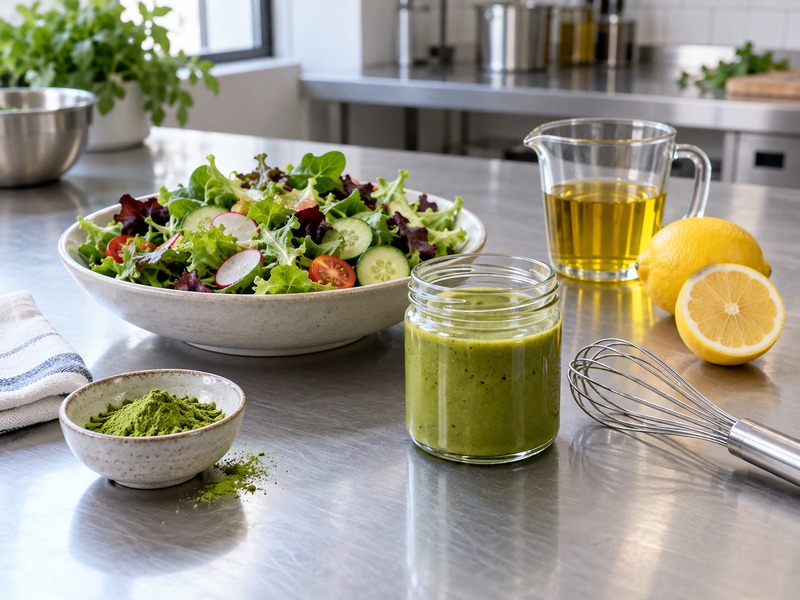 Matcha salad dressing in a jar beside a prepared green salad