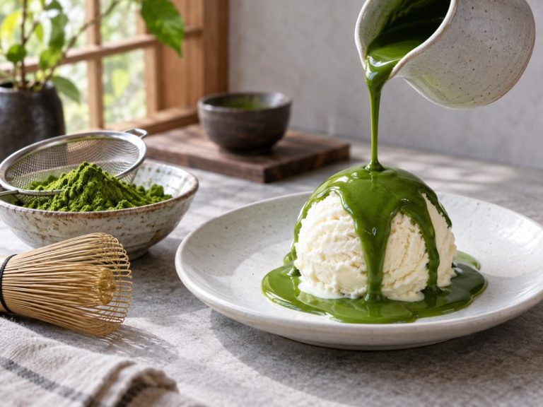 Green matcha sauce poured over vanilla ice cream with tea powder nearby