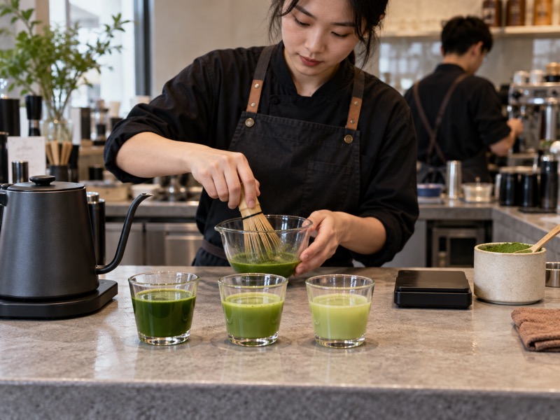 Three small matcha shots prepared beside a scale and tea tools on a café development bench