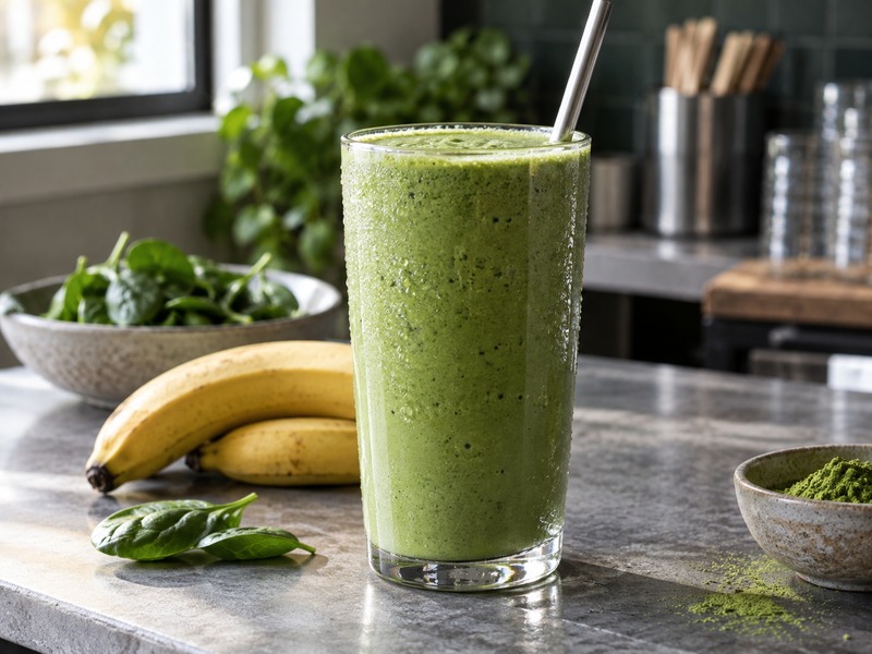 Thick green matcha smoothie on a café preparation counter