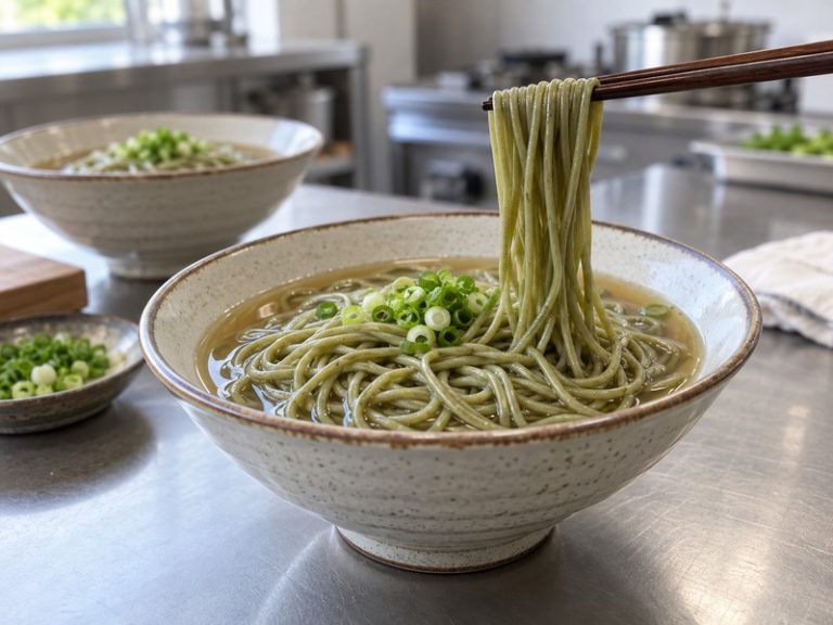 A bowl of subtly green matcha buckwheat soba noodles in light broth with chopsticks lifting strands