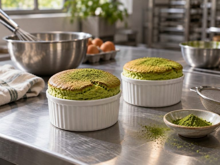 Two freshly baked matcha souffles in ceramic ramekins on a bakery counter