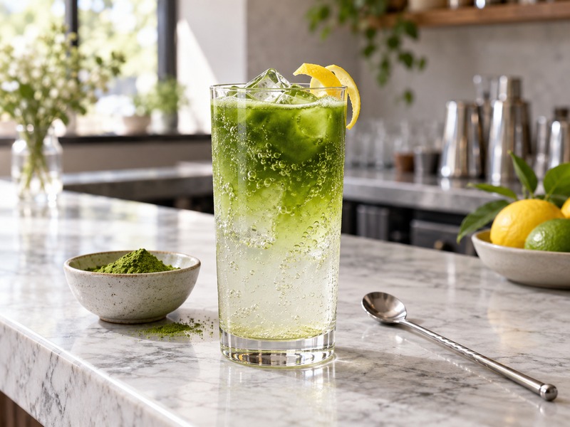 Sparkling matcha spritz with citrus on a café bar