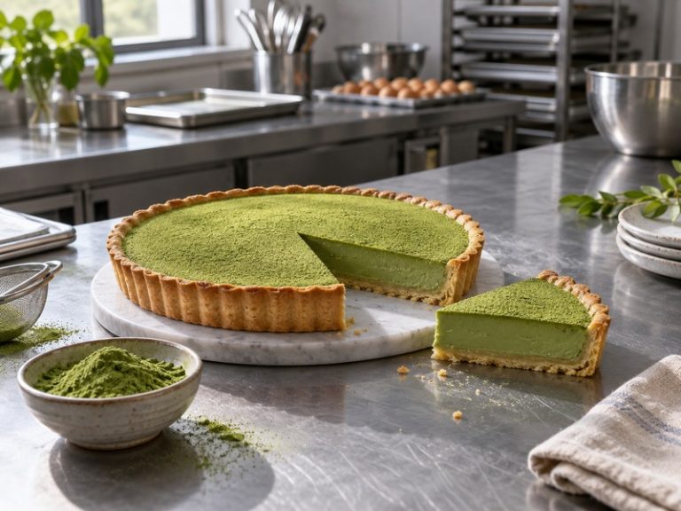 Sliced matcha cream tart on a commercial bakery counter