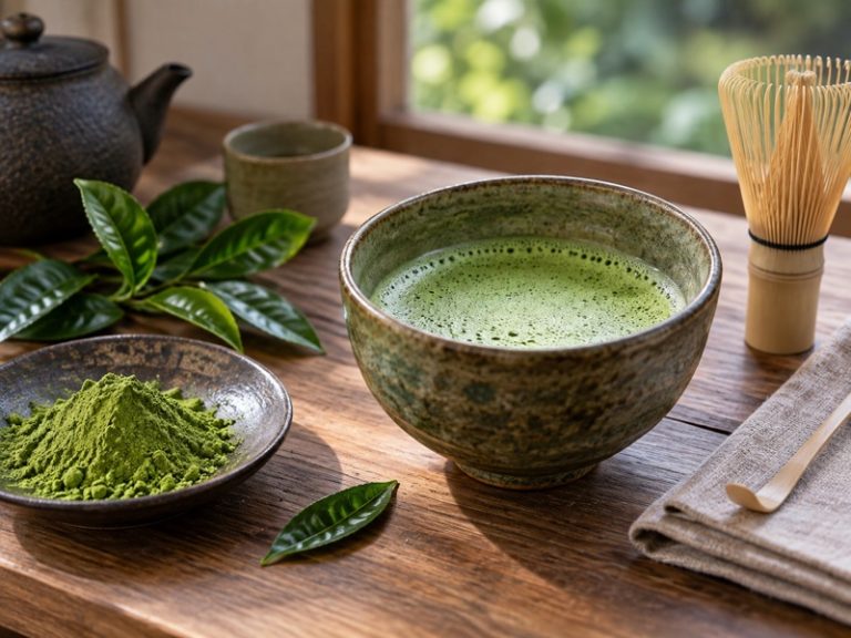 Prepared matcha tea with powder and fresh tea leaves on a tasting table