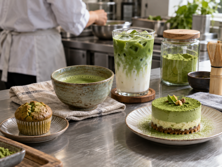 Hot matcha, iced latte, muffin, and chilled dessert in a recipe test kitchen