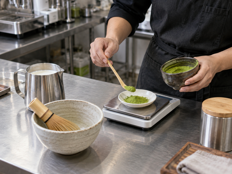 Product developer weighs matcha powder beside milk and mixing tools