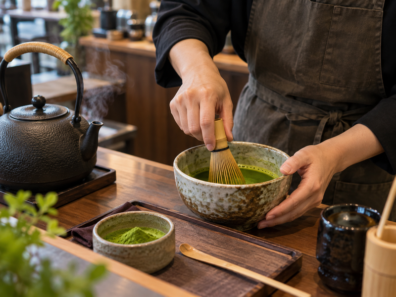 Barista whisks hot matcha in a ceramic bowl beside a kettle