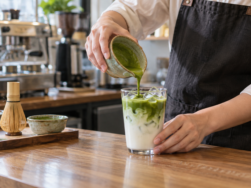 Barista pours matcha concentrate into an iced milk latte