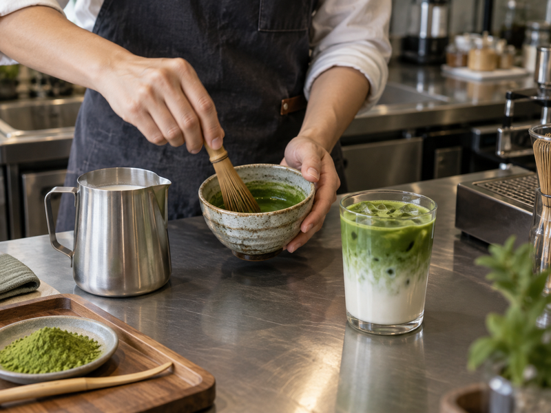 Barista whisks matcha beside milk and a prepared iced latte