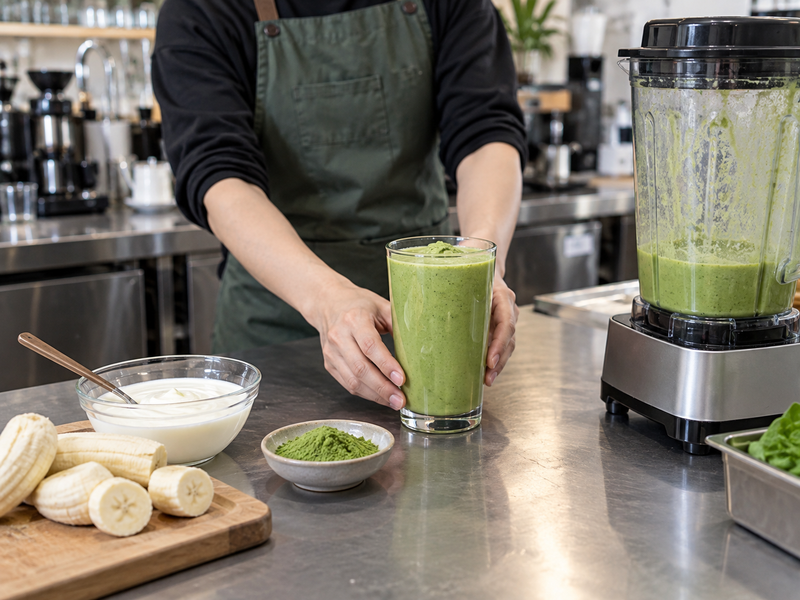 Matcha smoothie with banana, yogurt, powder, and a blender