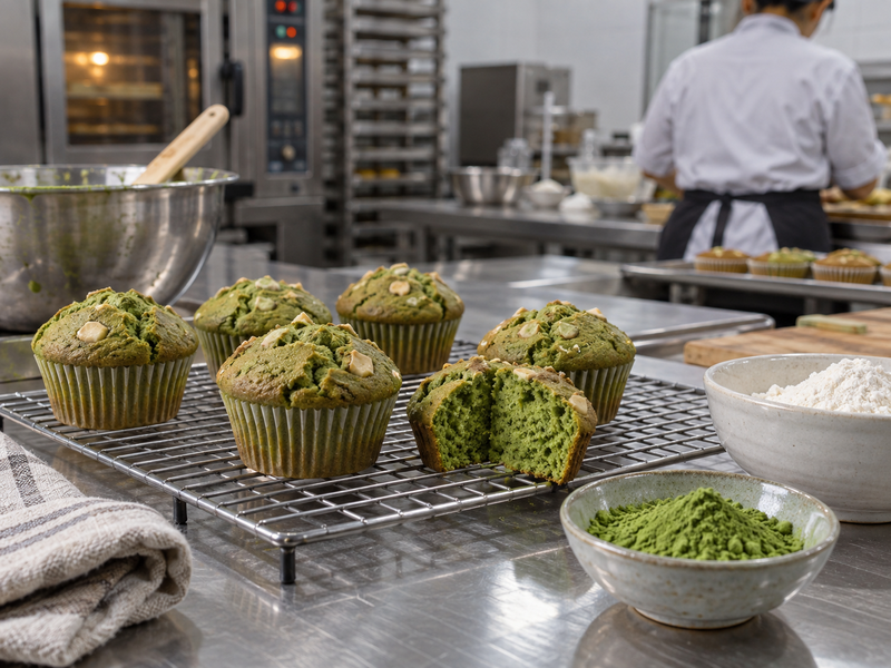 Matcha muffins cool on a rack beside flour and tea powder