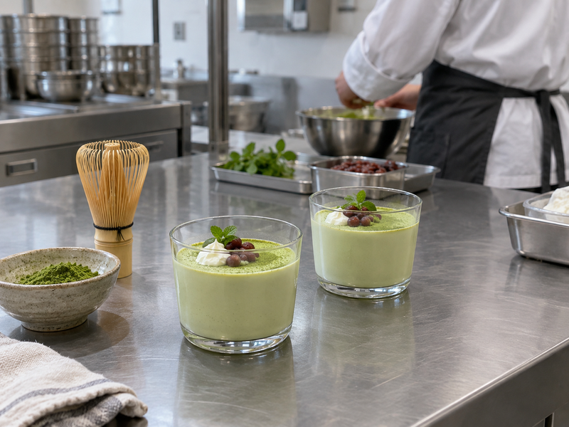 Two chilled matcha desserts in glasses on a commercial kitchen bench