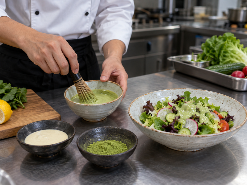 Chef whisks matcha dressing beside a prepared vegetable salad