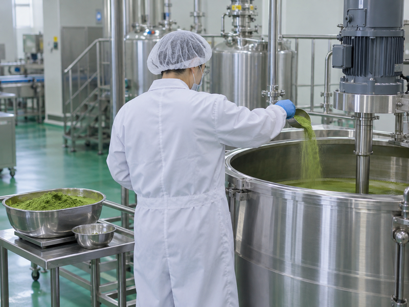 Factory worker adds matcha powder to a large beverage mixing vessel