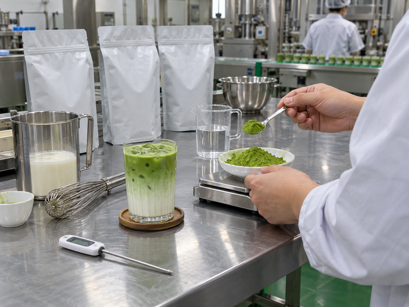 Specialist weighs matcha beside an iced latte and unbranded ingredient pouches