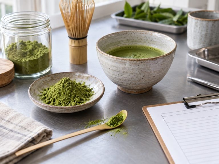 Measured matcha powder and prepared tea on a quality-control worktable