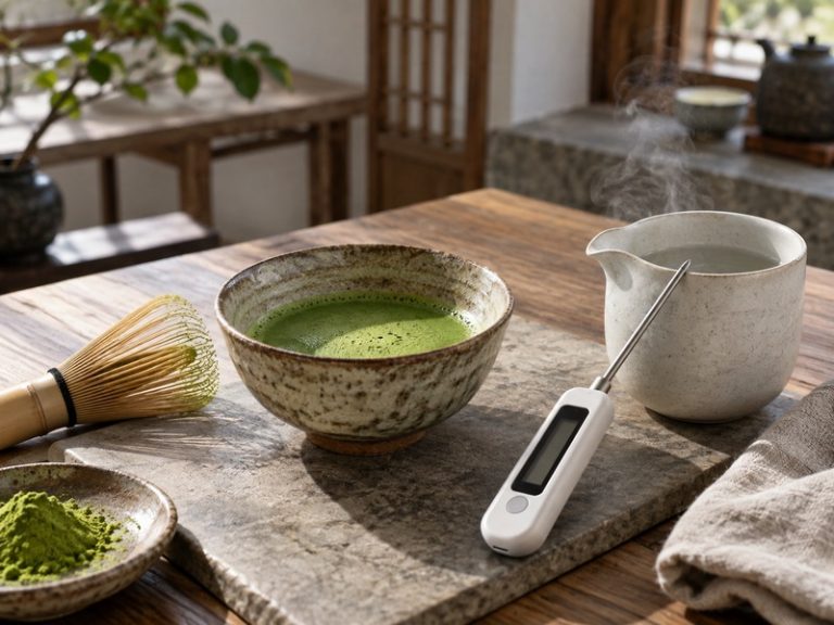 Whisked matcha beside a thermometer and water pitcher in a café test