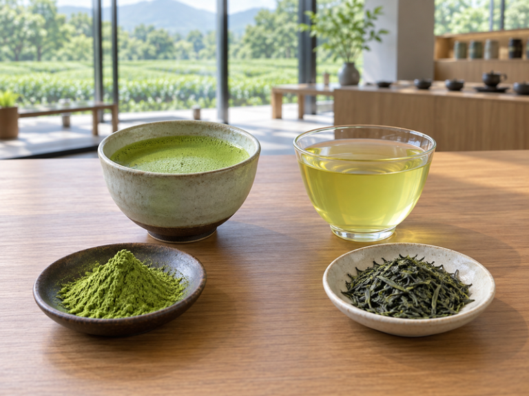 Whisked matcha and clear brewed green tea beside their dry ingredients