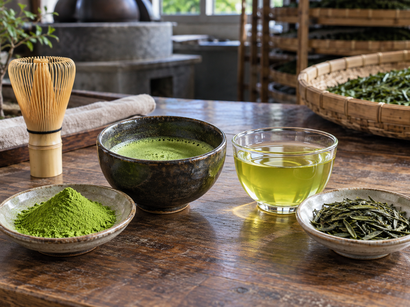 Matcha powder and cup beside loose leaves and clear filtered green tea