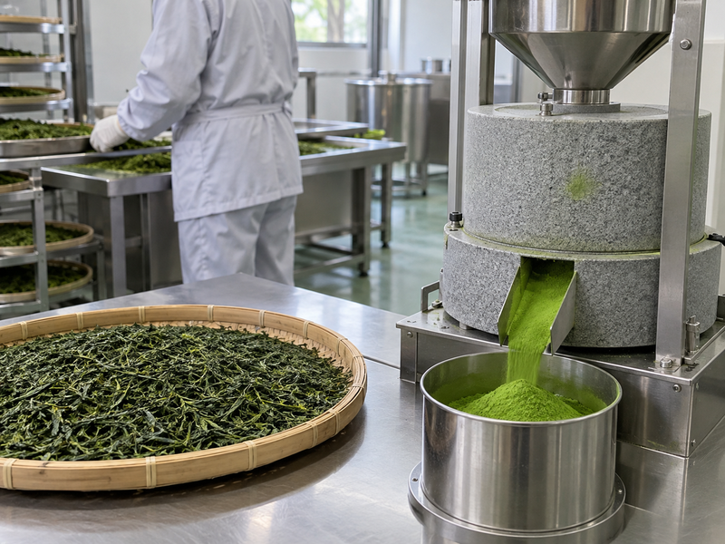 Tea leaves beside a mill collecting finely ground matcha powder