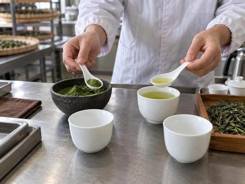 Tea evaluator comparing matcha powder with brewed green tea at a tasting bench