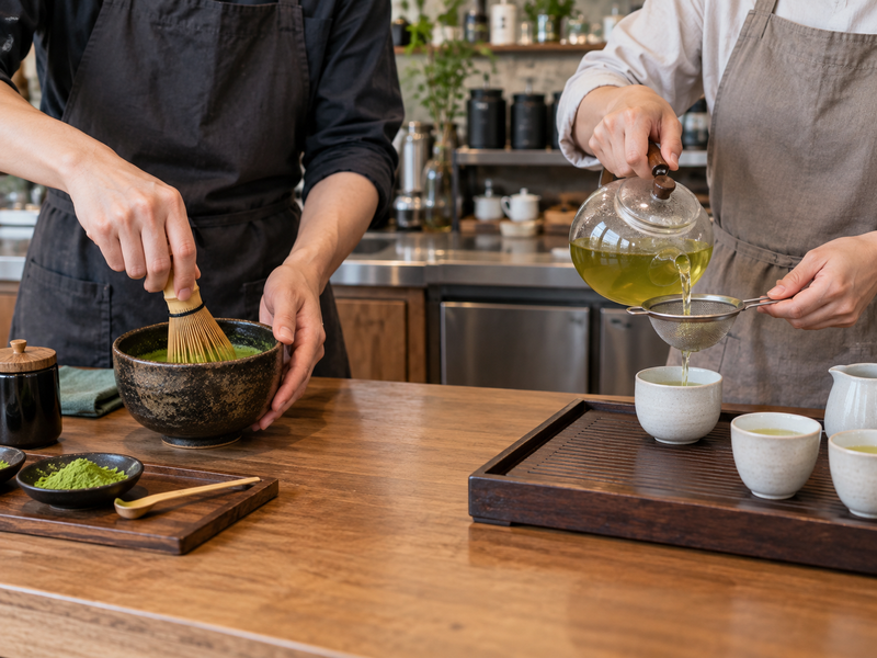 Workers whisking matcha and straining brewed green tea at separate stations