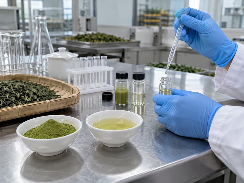 Technician using a pipette beside matcha and green tea samples