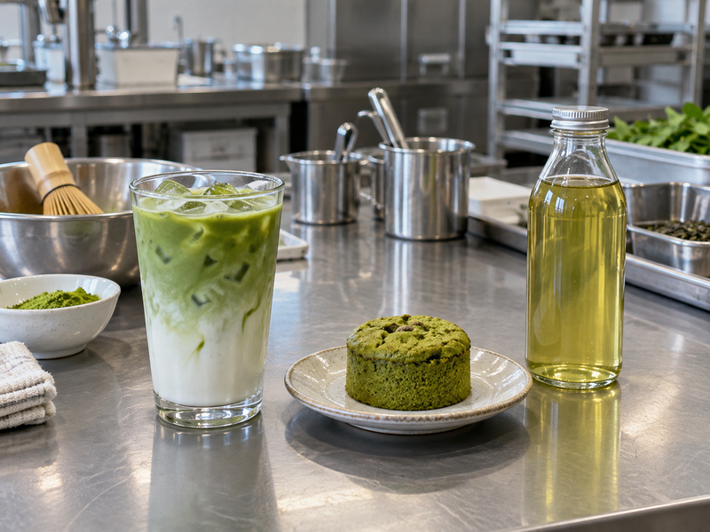 Matcha latte, green cake and bottled green tea in a development kitchen