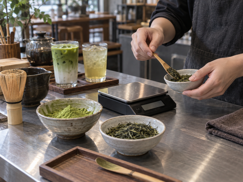 Worker measuring tea leaves beside matcha powder and sample drinks
