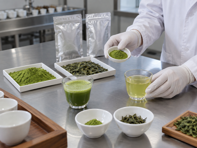 Quality technician comparing matcha powder and green tea leaves with prepared drinks
