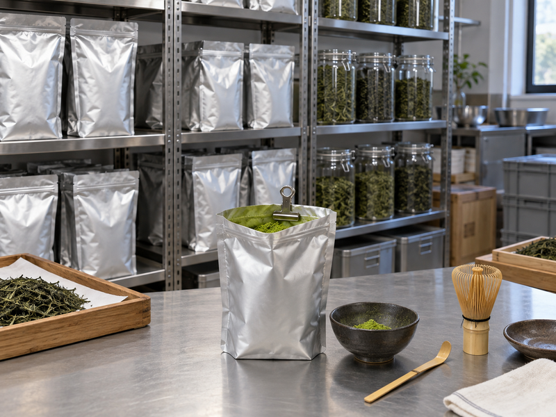Sealed matcha pouches and stored green tea leaves in a tea storeroom