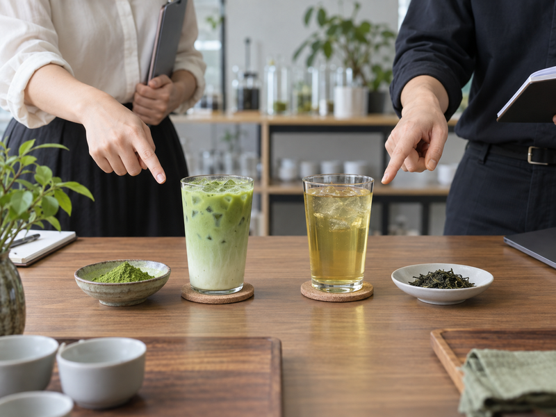 Buyers comparing an iced matcha latte and filtered green tea with dry samples