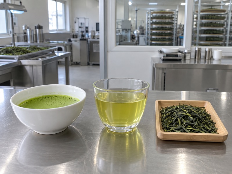 Matcha vs sencha tasting setup with powdered tea and infused leaves