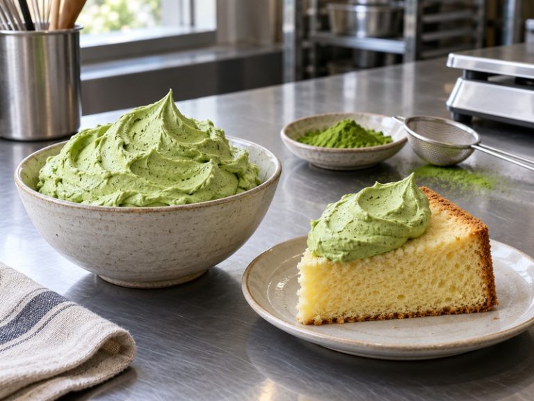 Piped matcha whipped cream on a dessert with tea powder and chilled cream