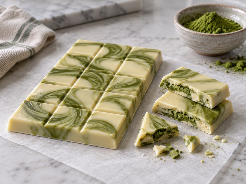 Matcha white chocolate pieces and powder in a confectionery test kitchen