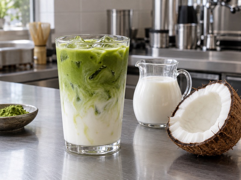 Iced matcha with coconut milk served in a clear café glass with a smooth green finish