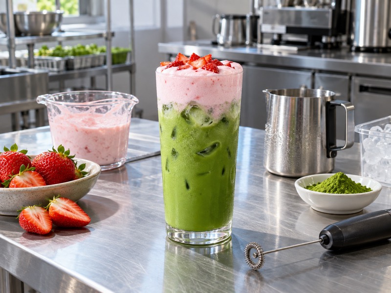 Matcha with strawberry cold foam in a realistic food product development setting