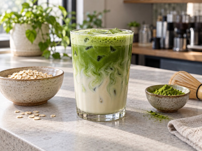 Iced oat milk matcha latte at a cafe service counter
