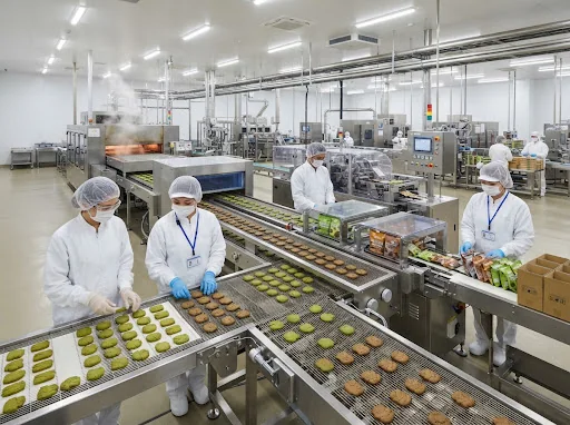Sanitary cleanroom food processing and packaging line