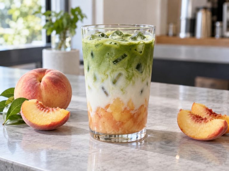 Iced peach matcha with peach pieces and green tea layer on a café counter