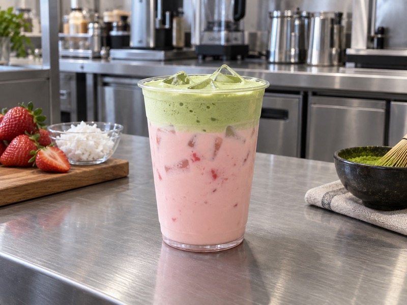 Pink drink with matcha cold foam over a fruit and milk base