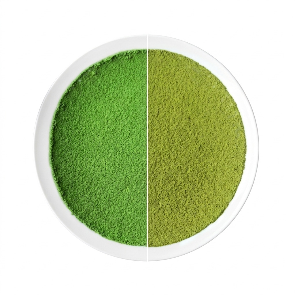 Pure matcha powder and tea leaves on a white plate