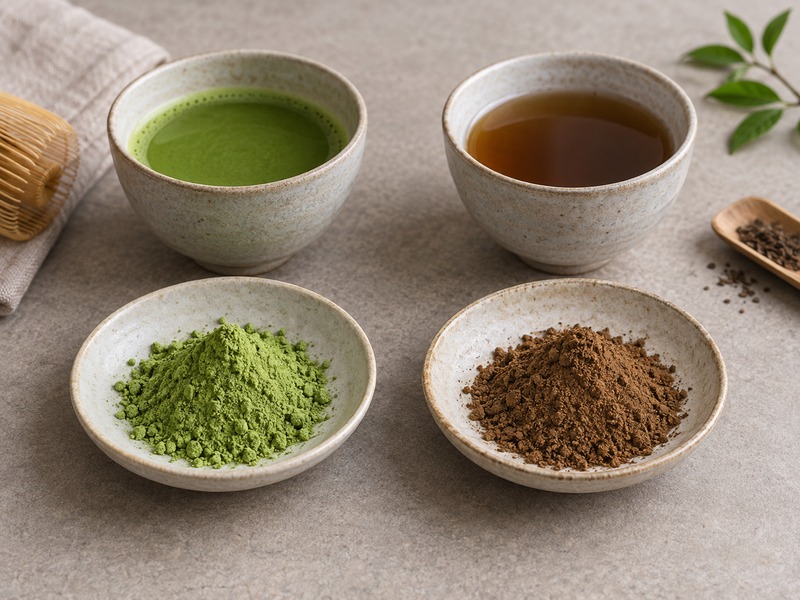 Green matcha and brown roasted tea powder compared in bowls