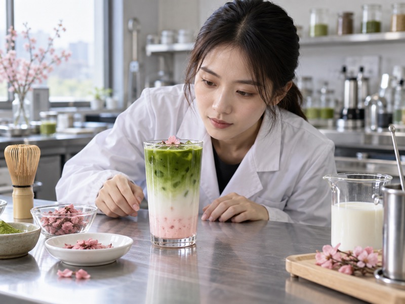 A sakura-themed matcha latte being evaluated on a Chinese beverage development bench