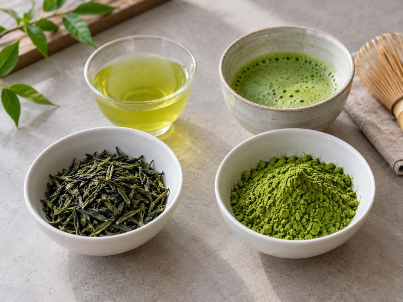Loose sencha leaves and powdered matcha shown side by side