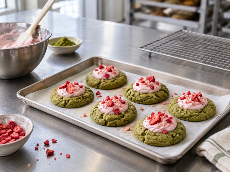 Strawberry matcha cookies on a bakery development tray, showing the fruit and tea components