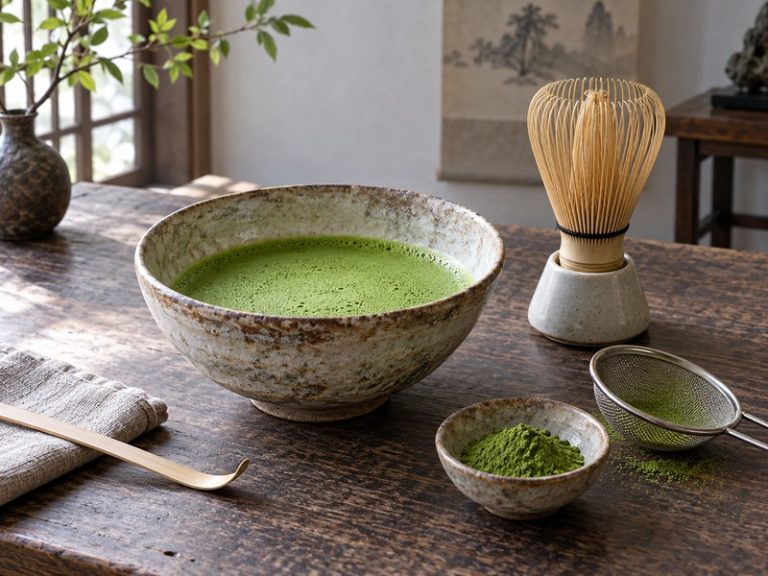 Thin whisked usucha matcha with fine foam in a ceramic tea bowl