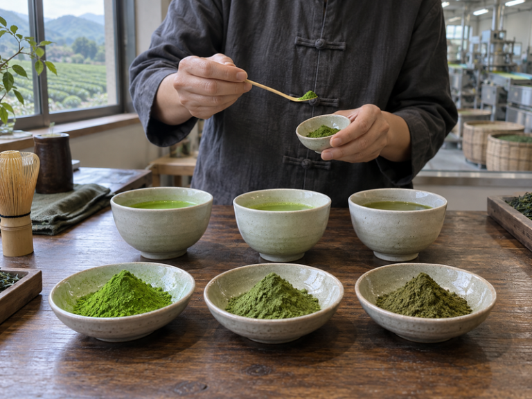 Tea evaluator compares three matcha powders and prepared cups in a Chinese sample room